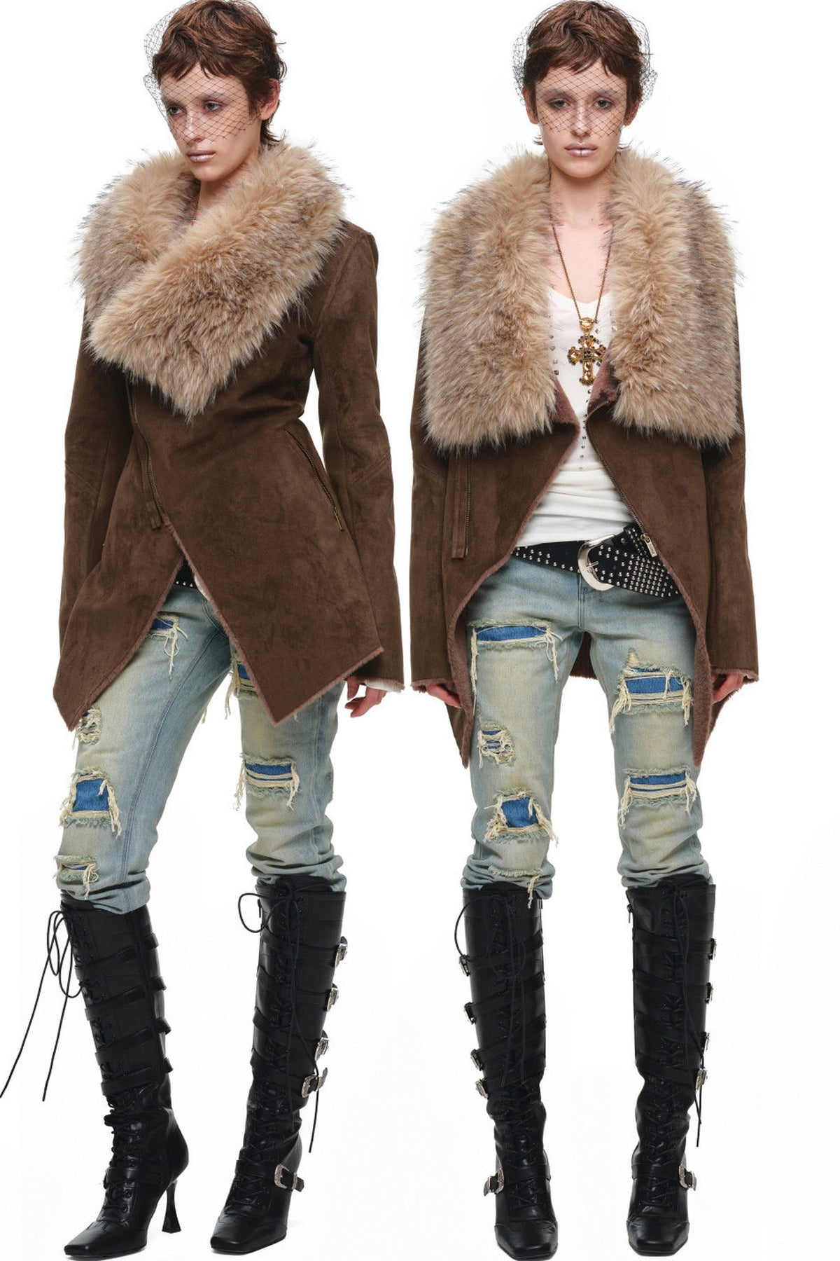 Suede Detachable Fur Collar Coat
