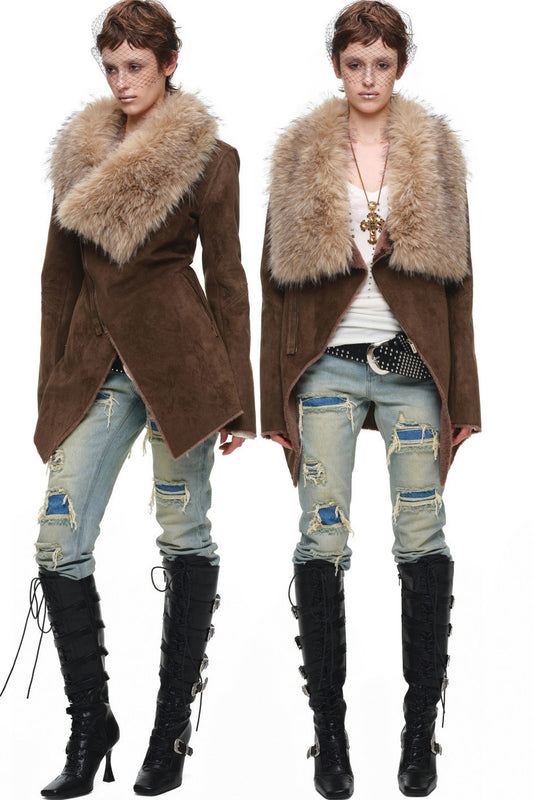 Suede Detachable Fur Collar Coat