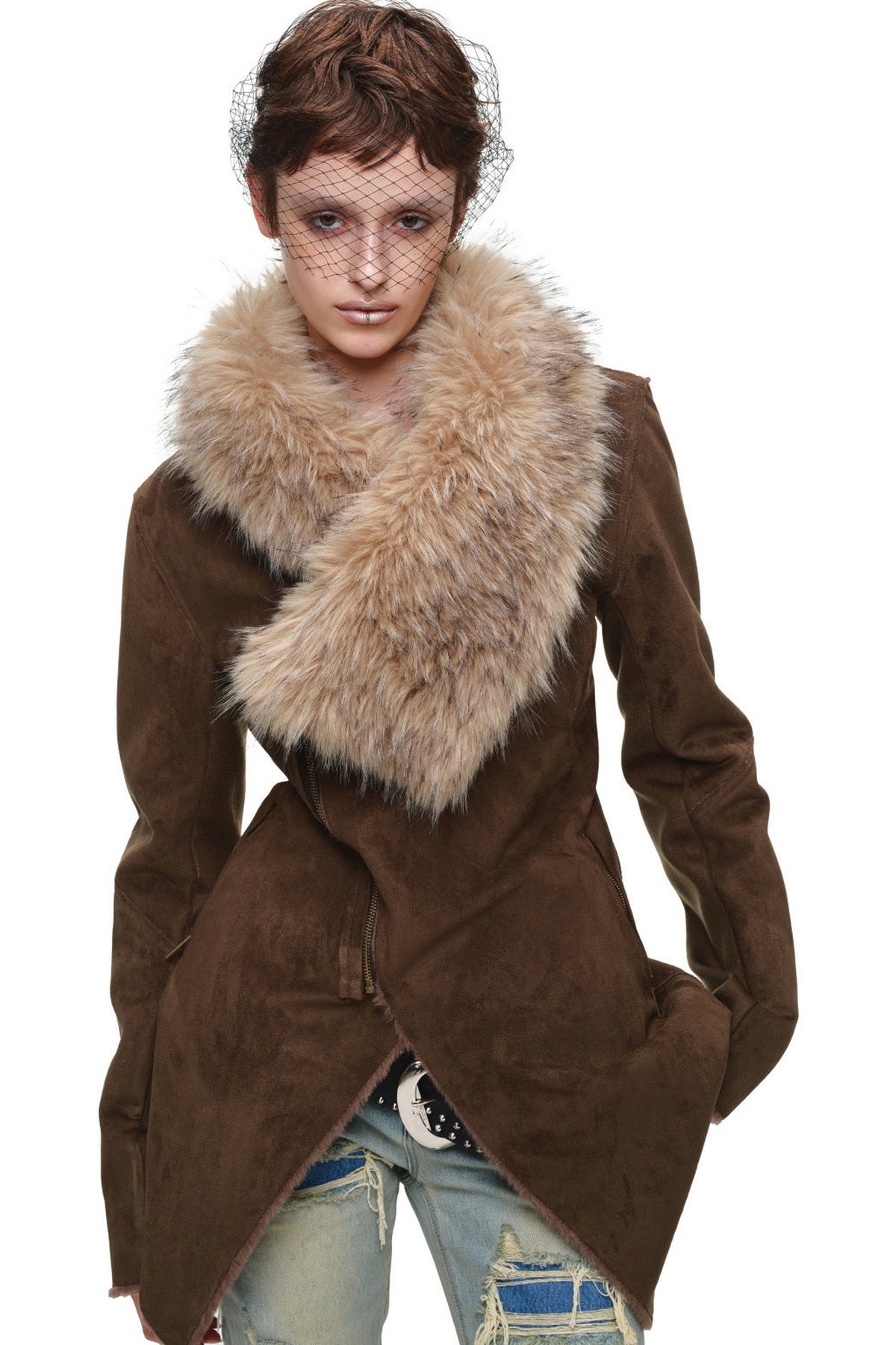 Suede Detachable Fur Collar Coat
