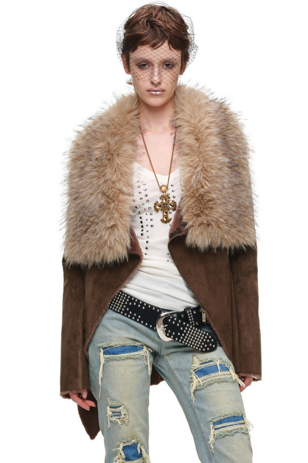 Suede Detachable Fur Collar Coat