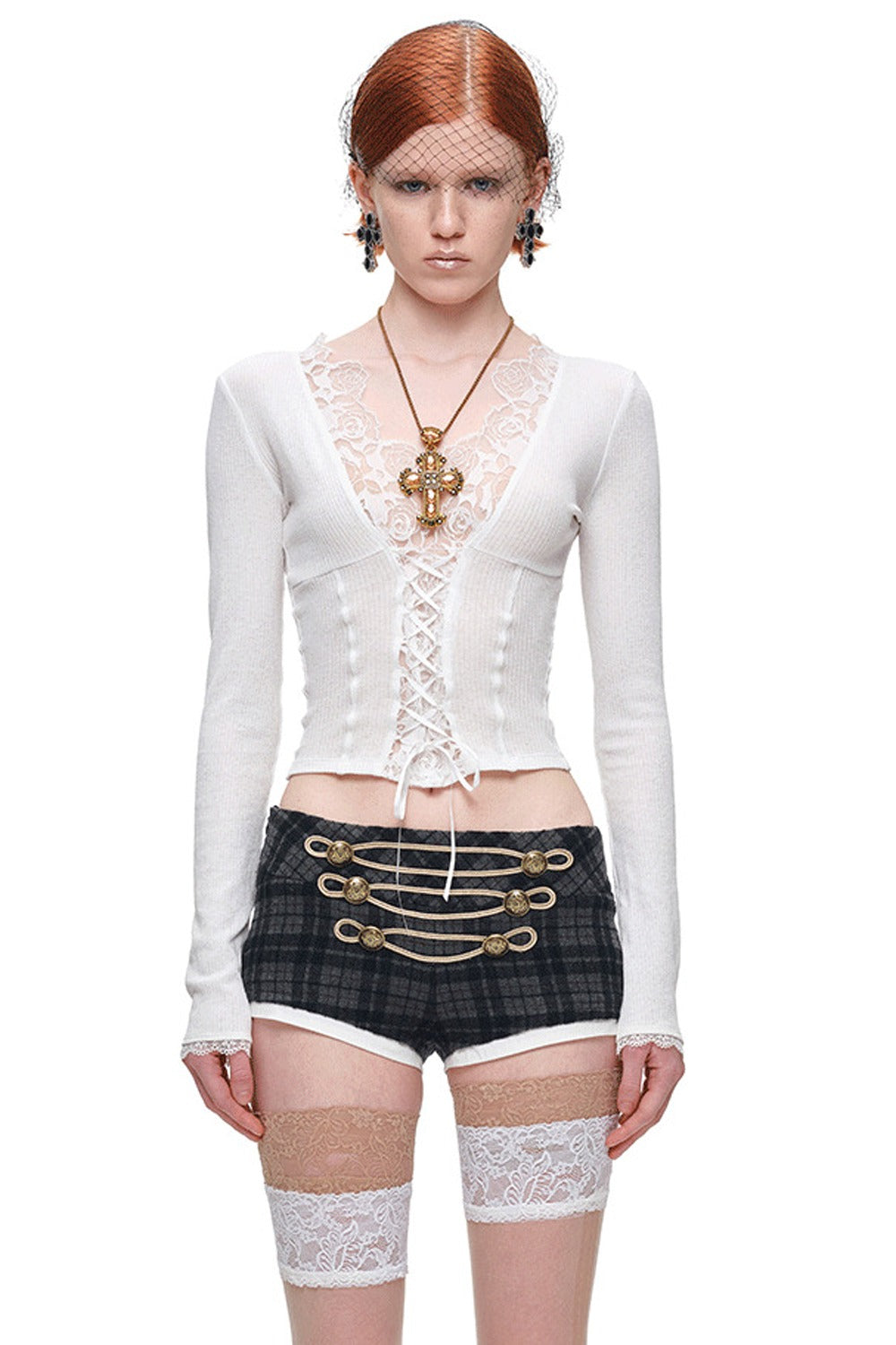 Plaid Wool Lace-Up Shorts