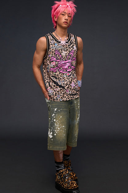 Tanktop mit Leoparden- und Zebra-Stickerei