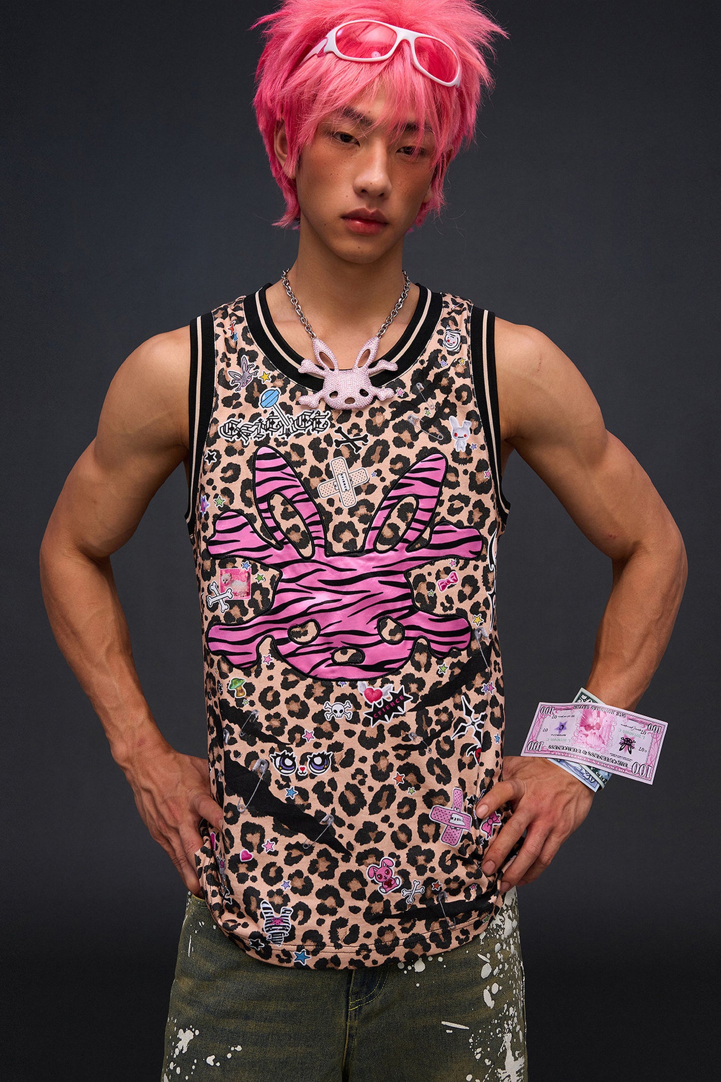 Tanktop mit Leoparden- und Zebra-Stickerei