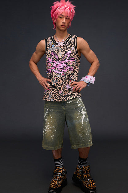 Tanktop mit Leoparden- und Zebra-Stickerei