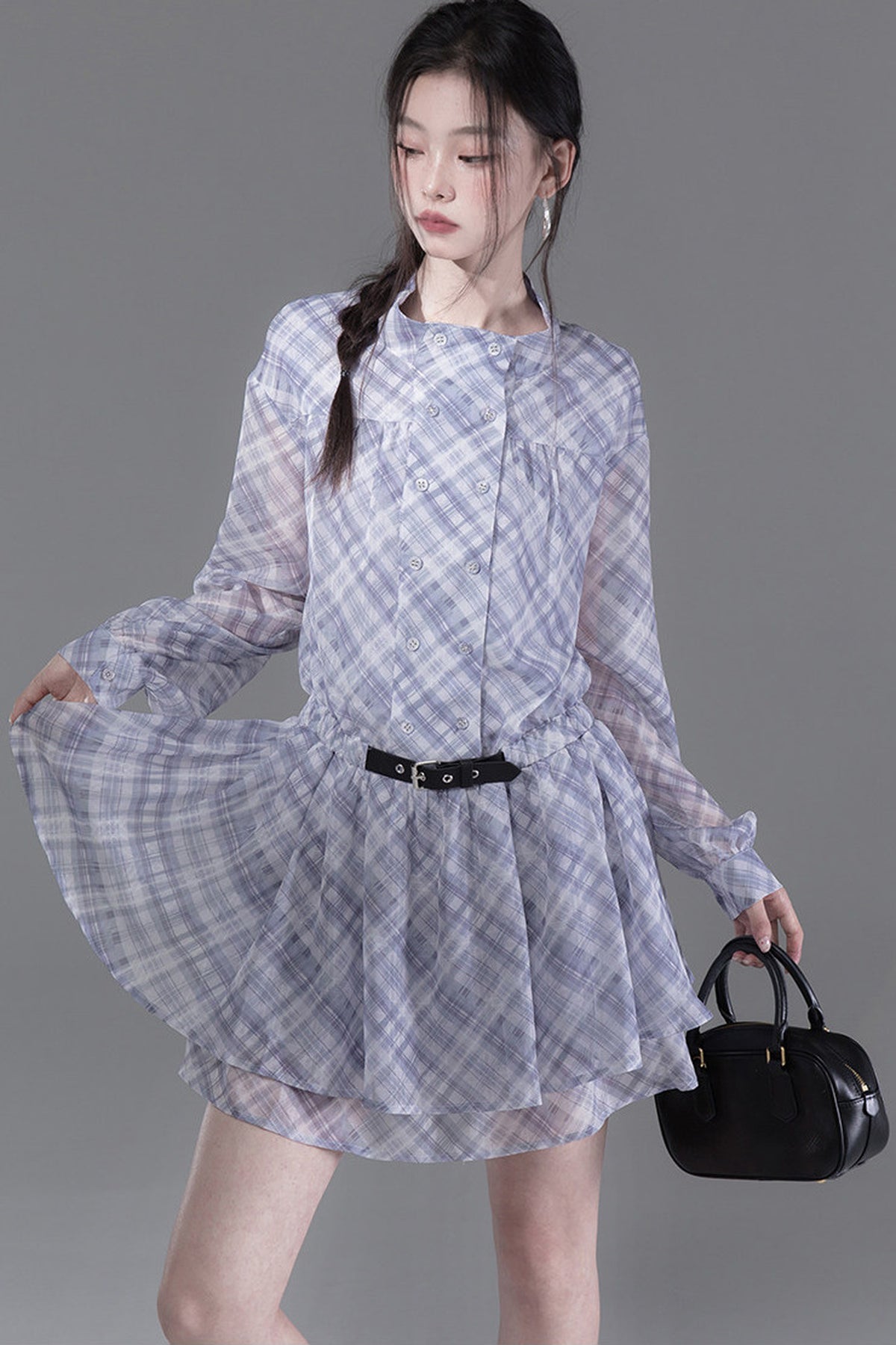 Double-Breasted Deconstructed Double-Layer Plaid Shirt Dress