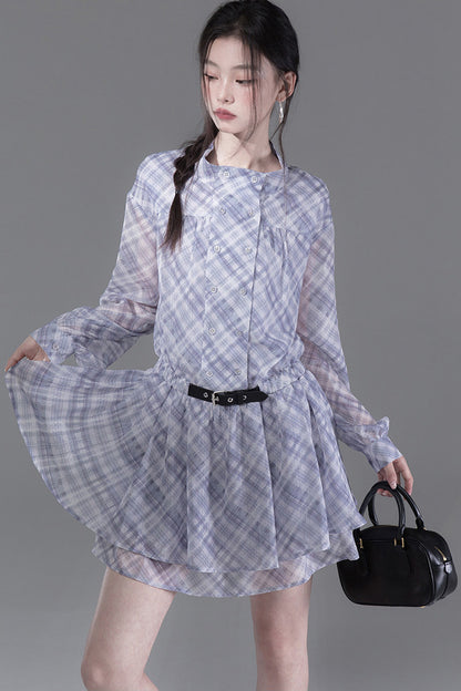 Double-Breasted Deconstructed Double-Layer Plaid Shirt Dress