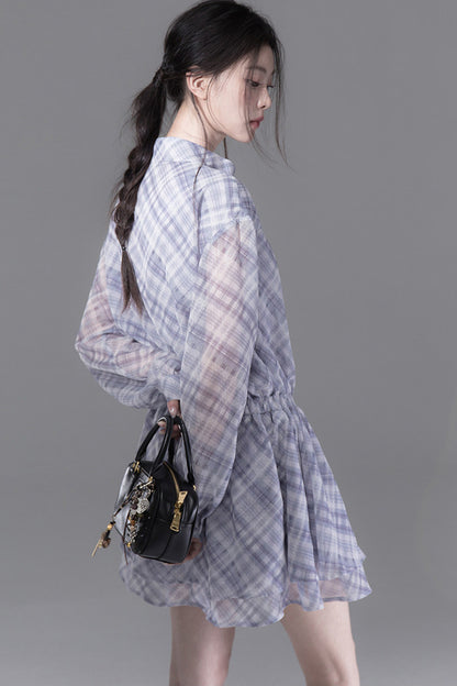 Double-Breasted Deconstructed Double-Layer Plaid Shirt Dress