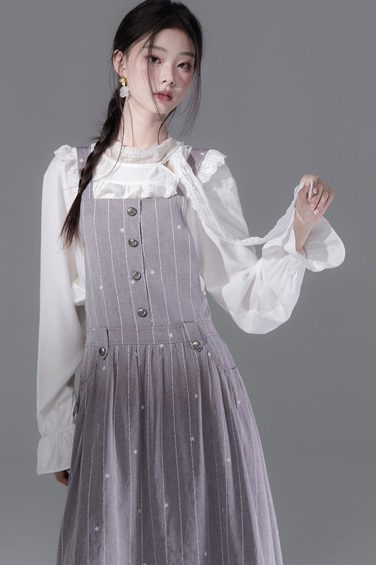 Cream Parfait Ruffle Collar Shirt and Dress Set-Up