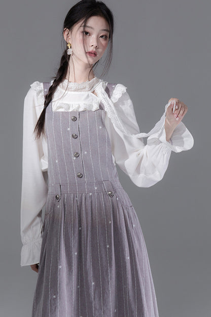 Cream Parfait Ruffle Collar Shirt and Dress Set-Up