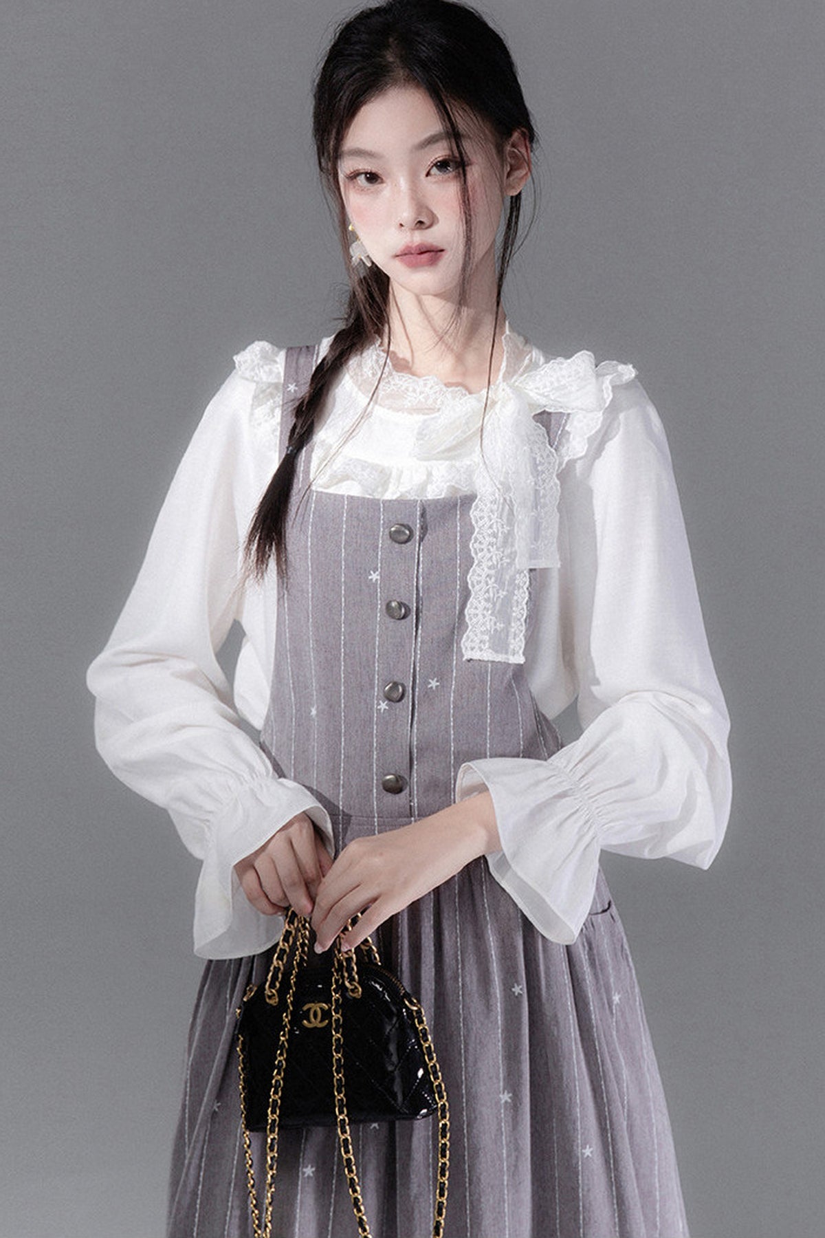 Cream Parfait Ruffle Collar Shirt and Dress Set-Up