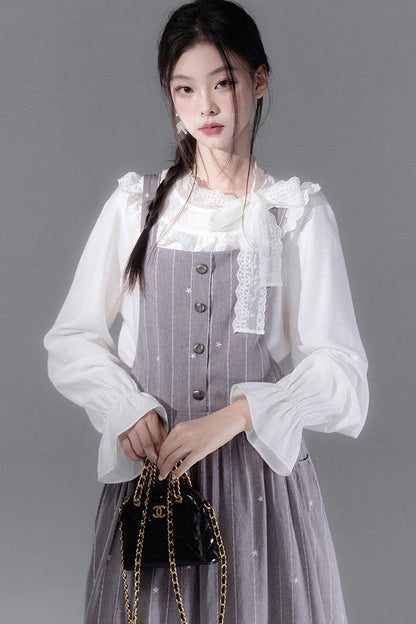 Cream Parfait Ruffle Collar Shirt and Dress Set-Up