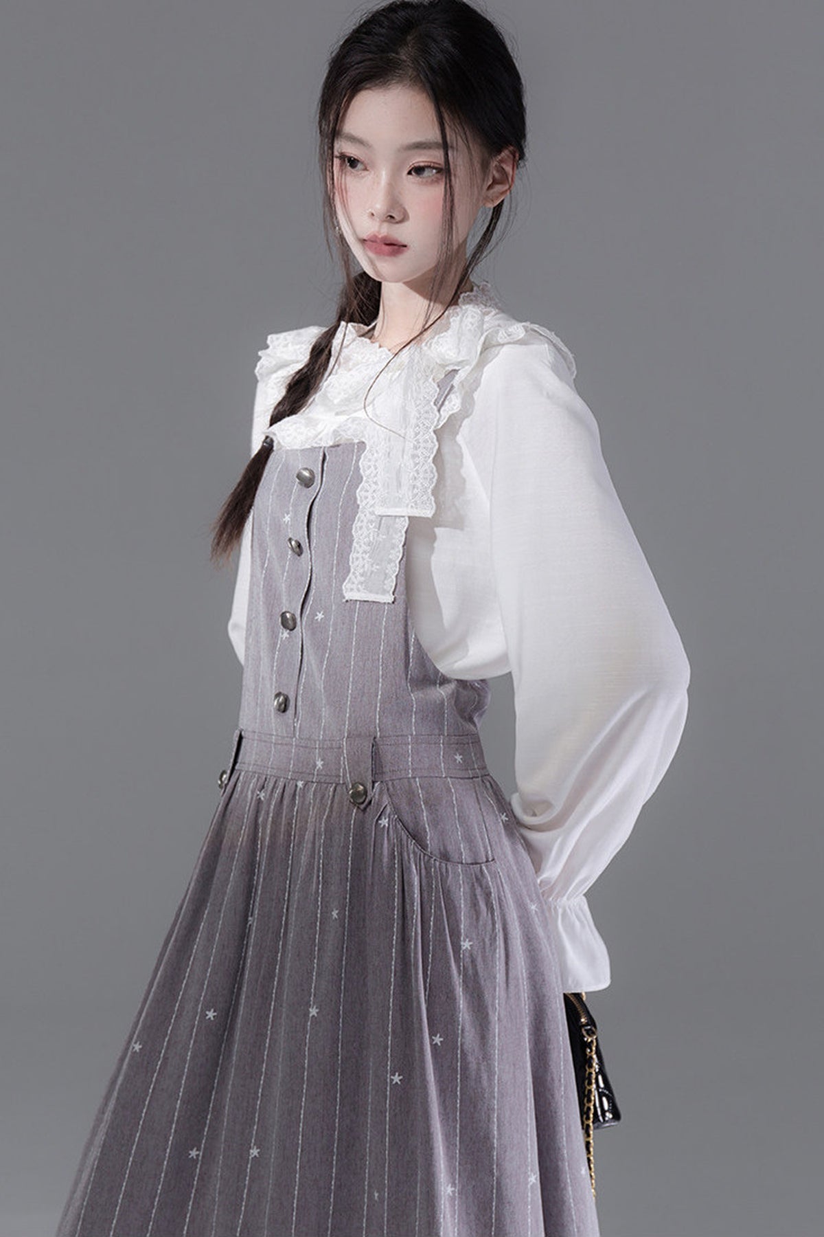 Cream Parfait Ruffle Collar Shirt and Dress Set-Up