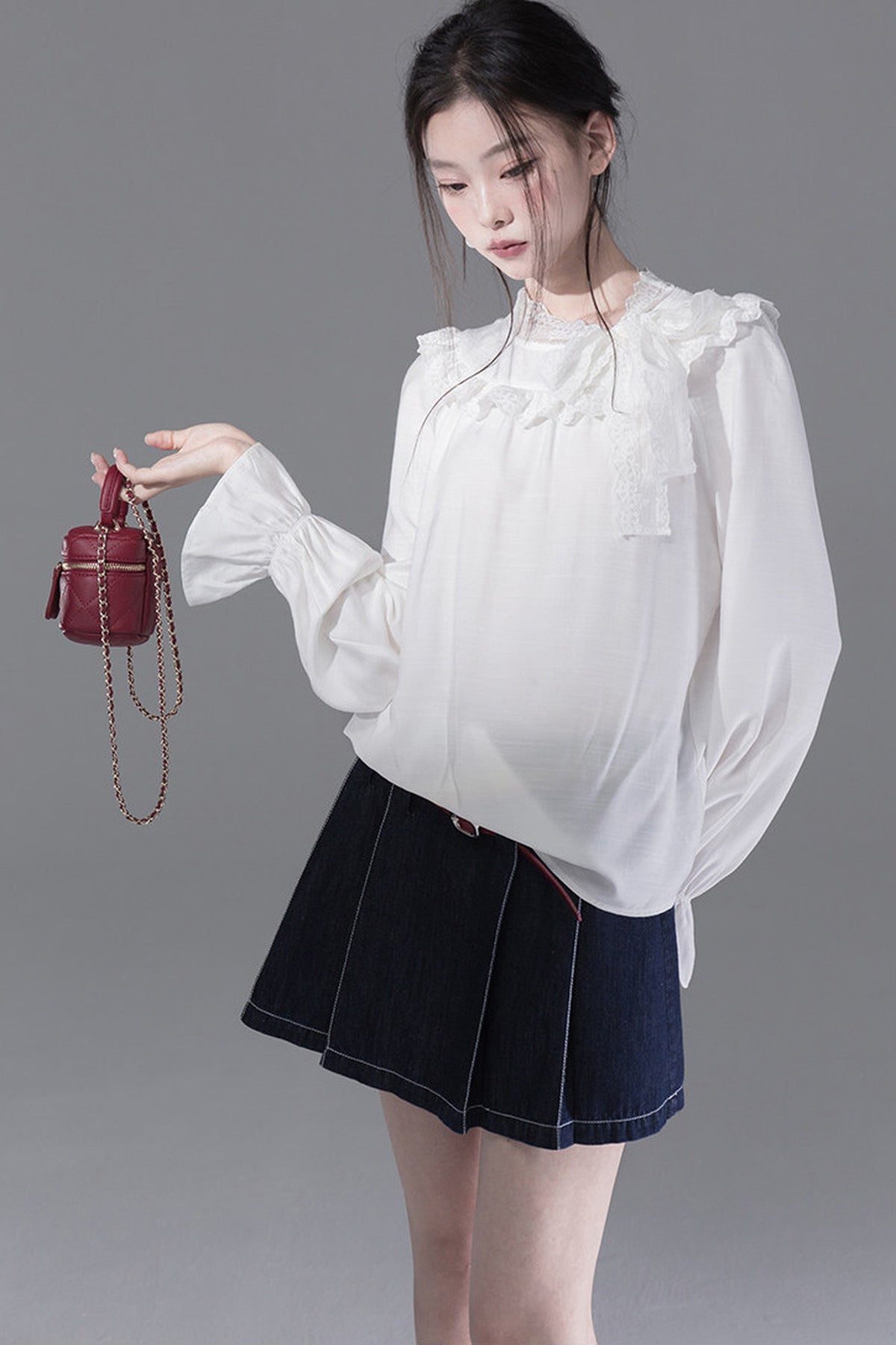 Cream Parfait Ruffle Collar Shirt and Dress Set-Up