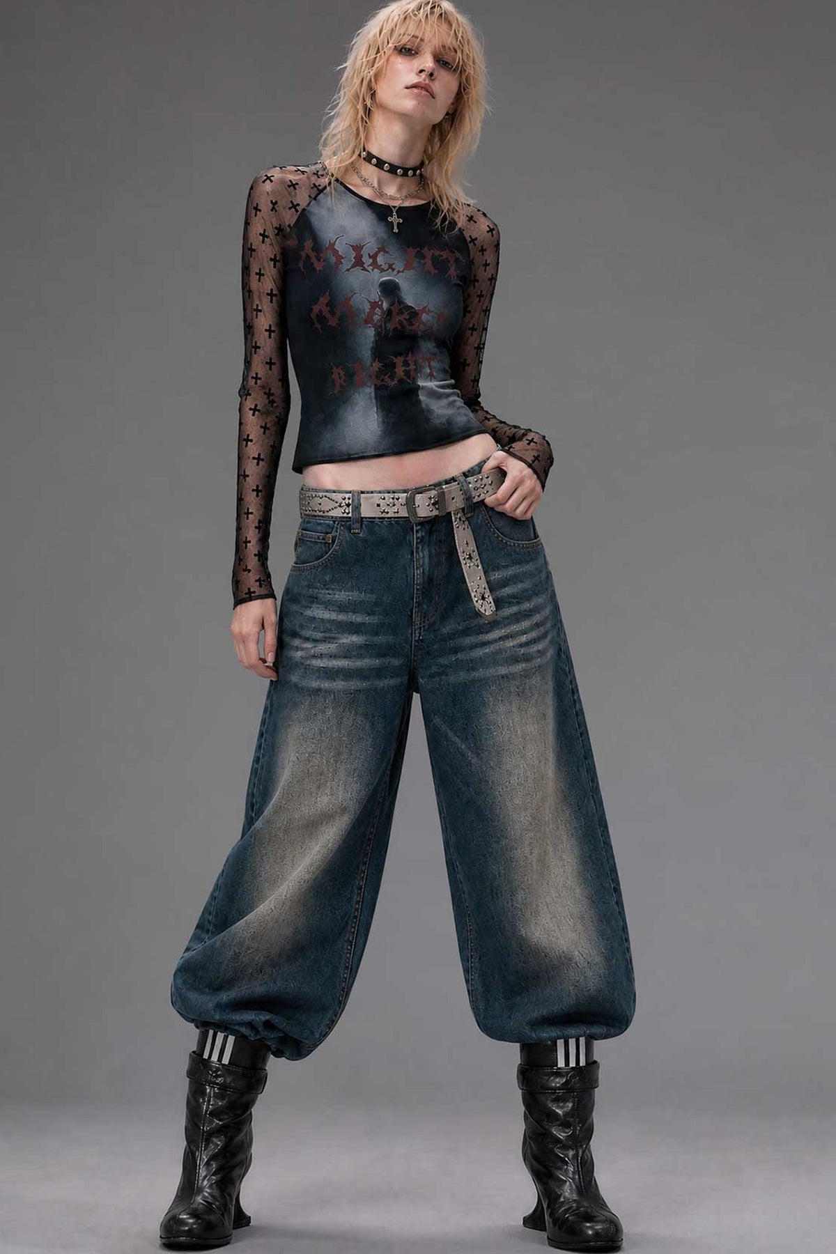 Letter Print Long-Sleeve Mesh Top