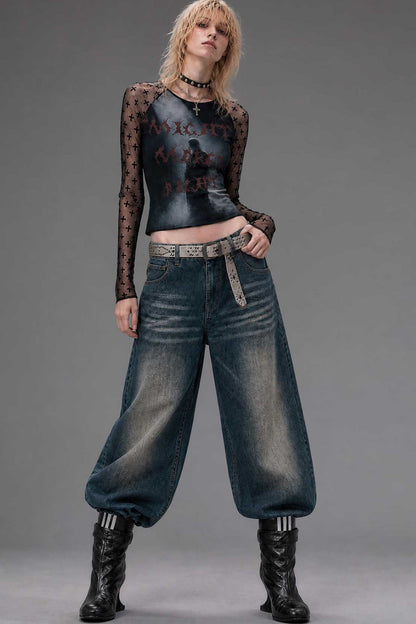 Letter Print Long-Sleeve Mesh Top
