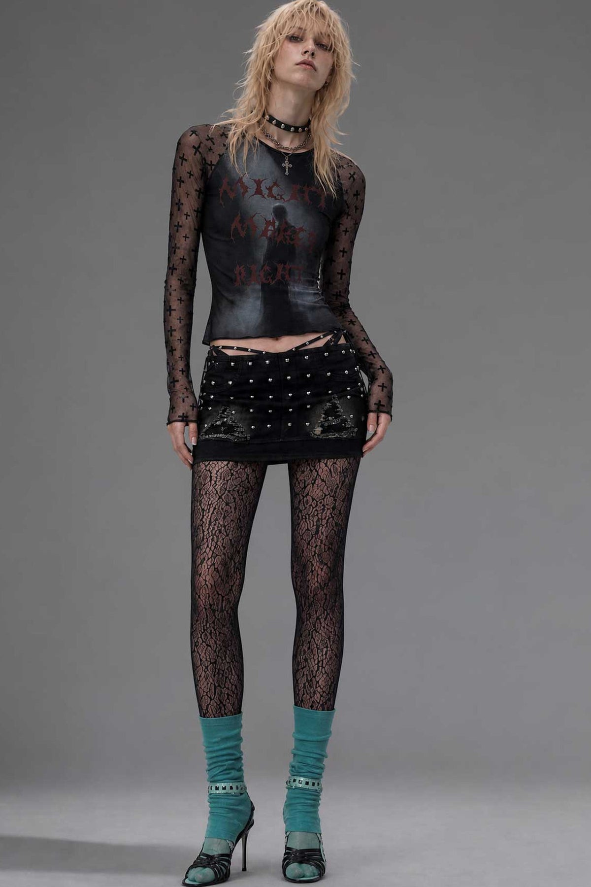 Letter Print Long-Sleeve Mesh Top
