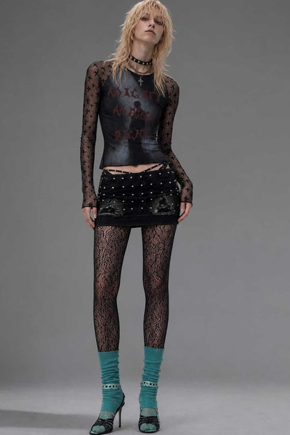 Letter Print Long-Sleeve Mesh Top