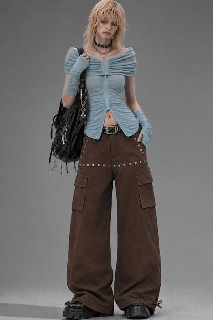 Off-Shoulder Pleated Knit Top