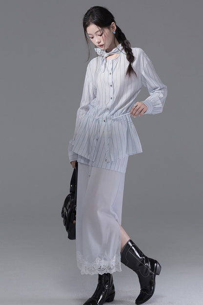 Bunny Ear Ribbon Drawstring Shirt and Skirt Set-Up