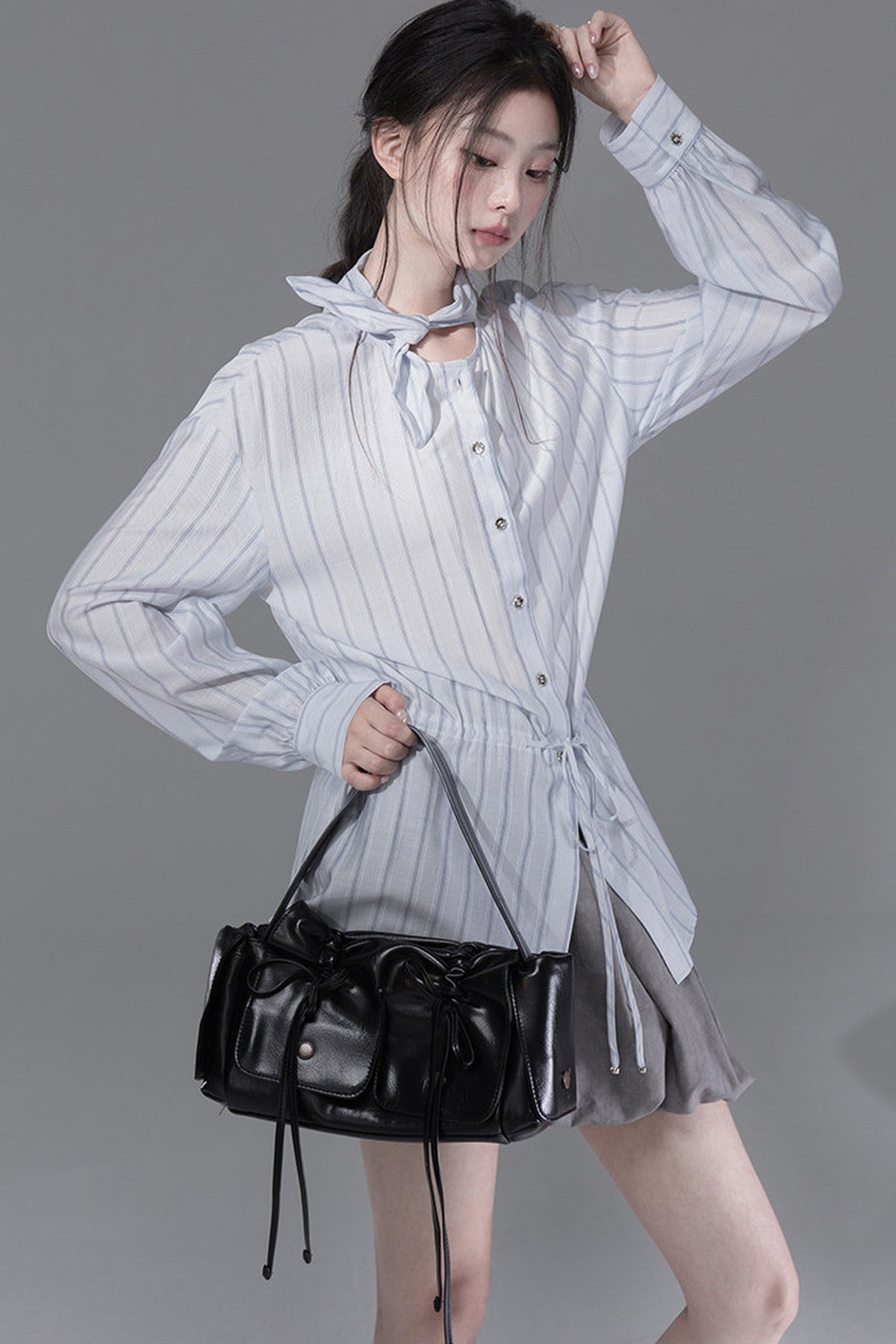 Bunny Ear Ribbon Drawstring Shirt and Skirt Set-Up