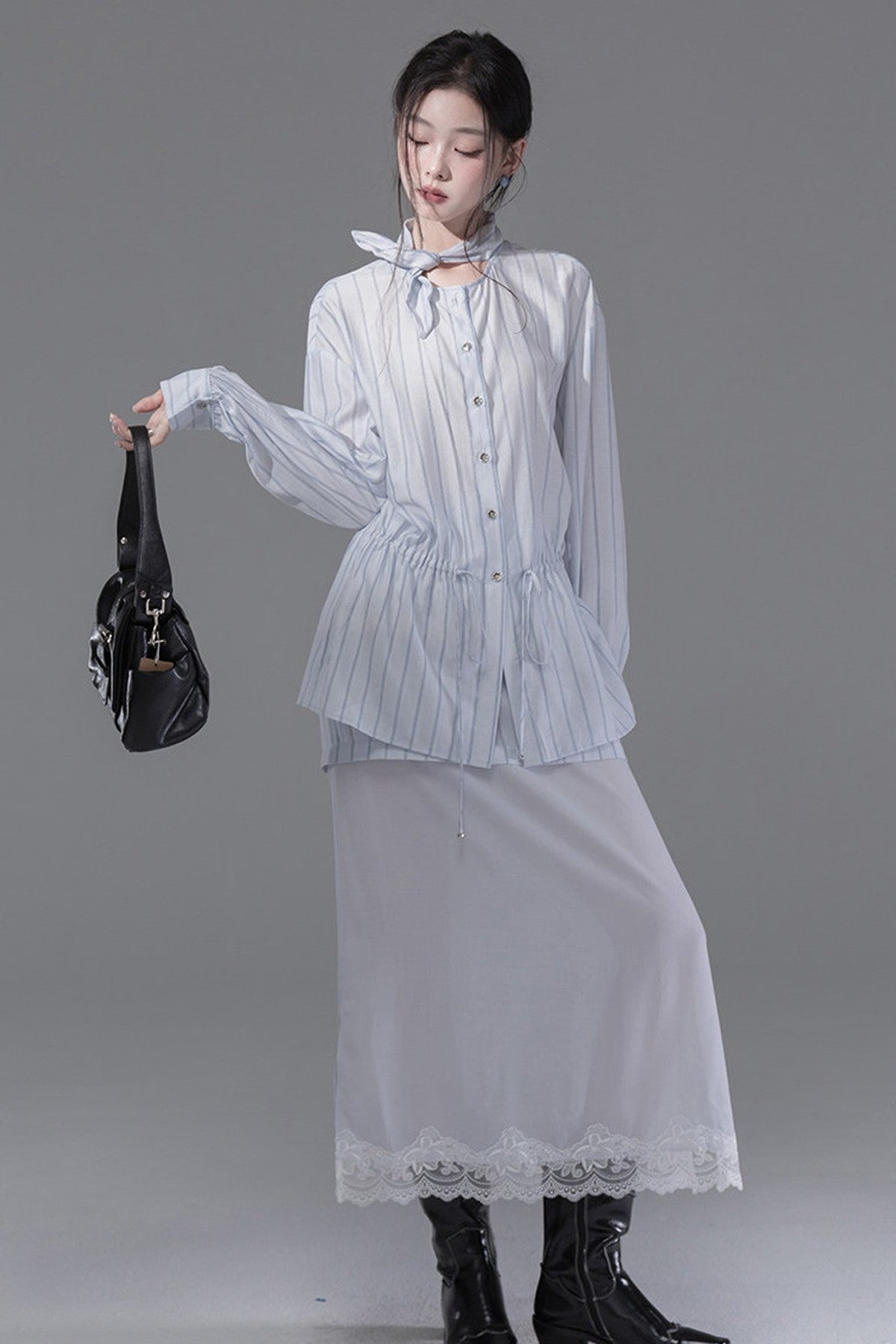Bunny Ear Ribbon Drawstring Shirt and Skirt Set-Up