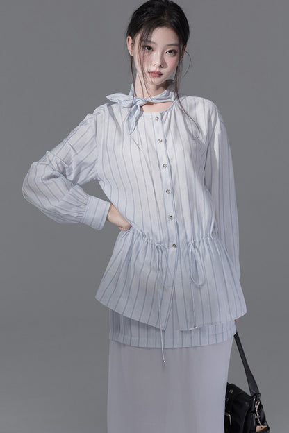 Bunny Ear Ribbon Drawstring Shirt and Skirt Set-Up