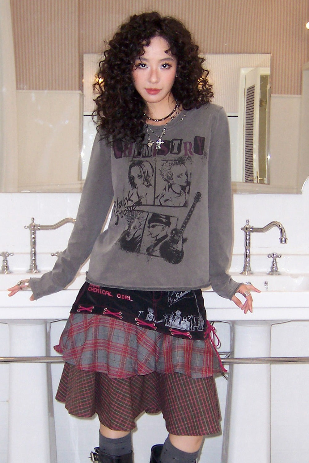 Distressed Portrait Rock Band T-Shirt and Skirt Set-Up