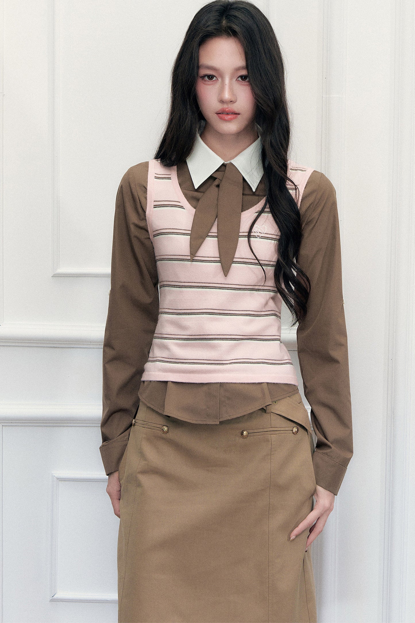 Retro Preppy Color-Blocking Shirt Vest Three-Piece Set-Up