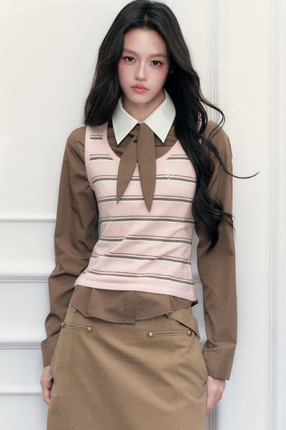 Retro Preppy Color-Blocking Shirt Vest Three-Piece Set-Up