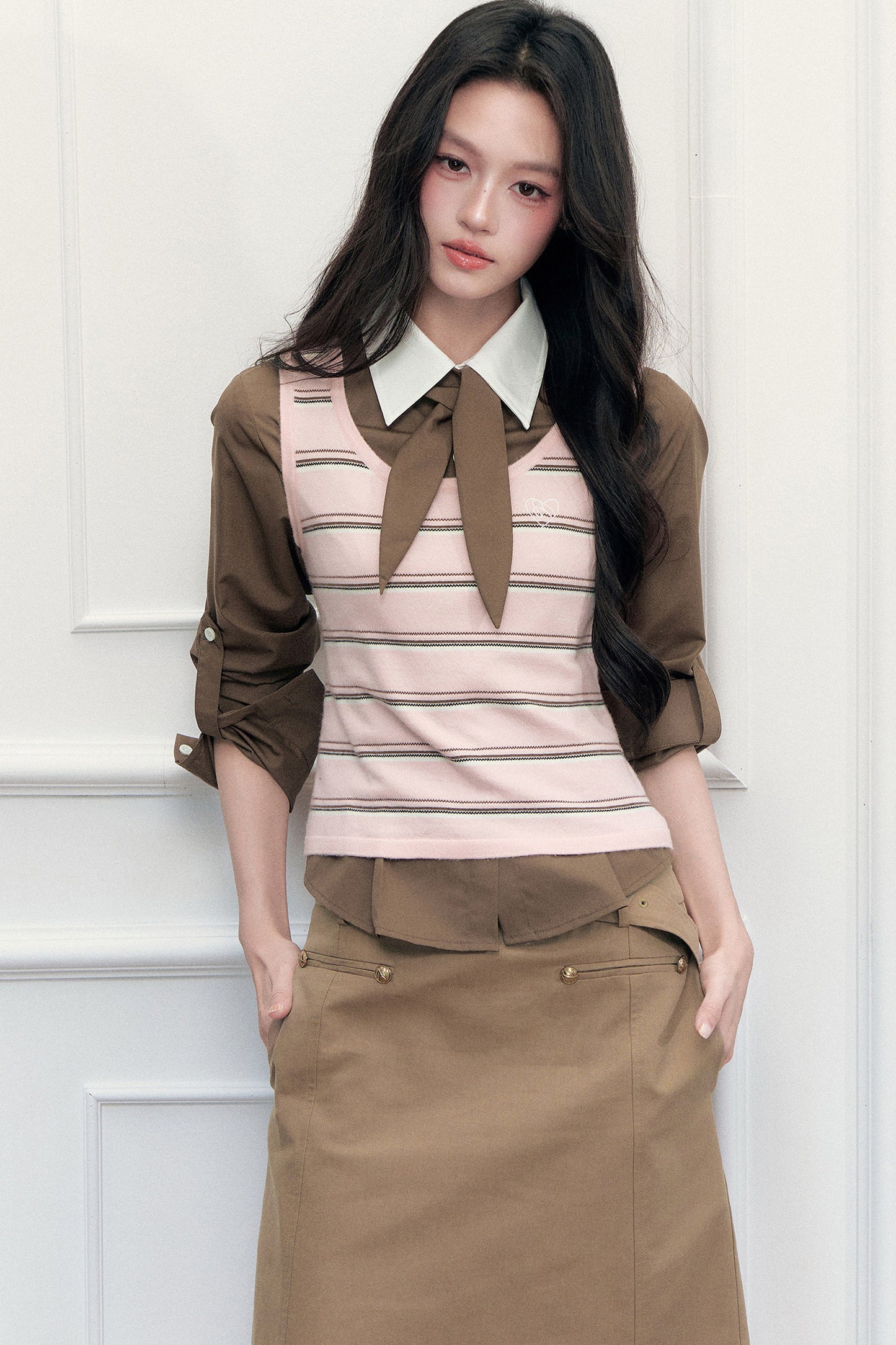 Retro Preppy Color-Blocking Shirt Vest Three-Piece Set-Up