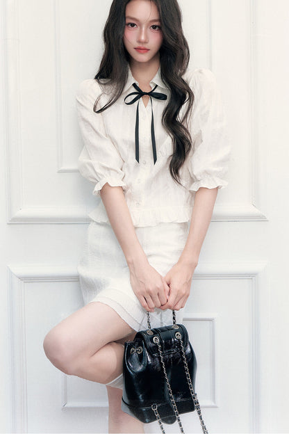 Doll Collar Preppy Blouse and Skirt Set-Up