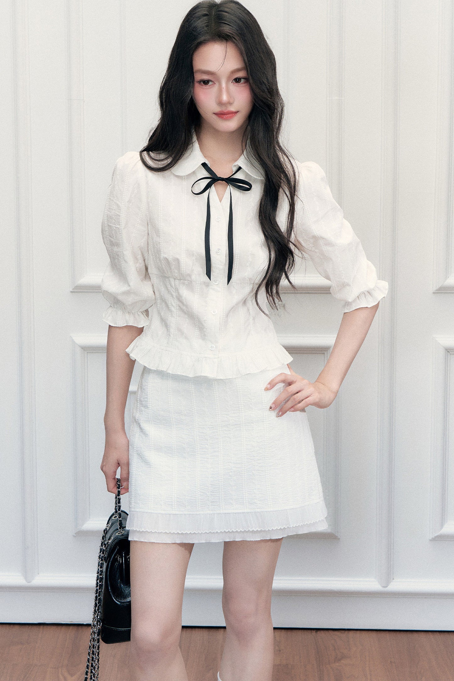 Doll Collar Preppy Blouse and Skirt Set-Up
