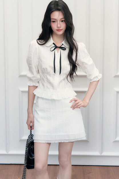 Doll Collar Preppy Blouse and Skirt Set-Up