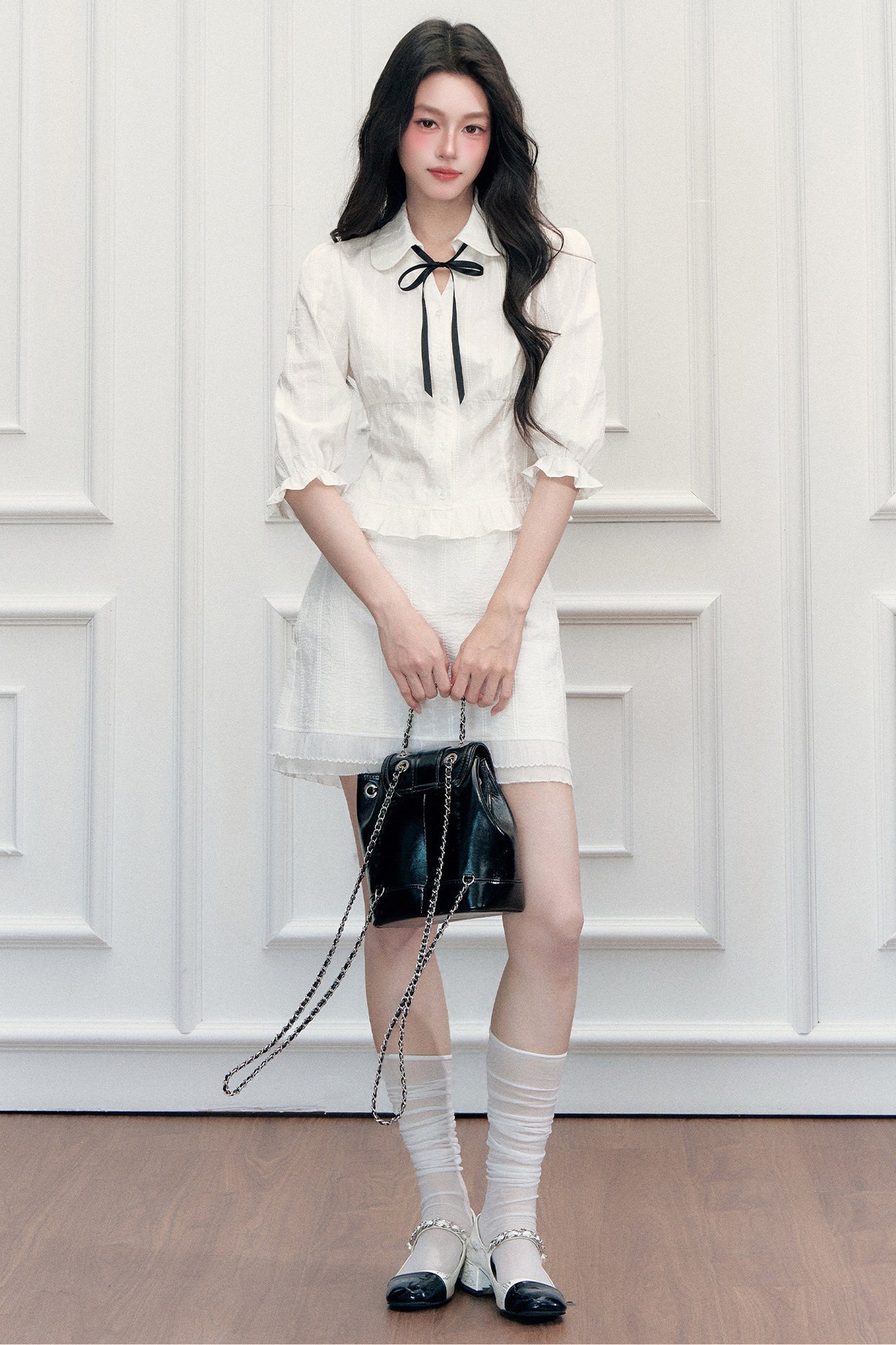 Doll Collar Preppy Blouse and Skirt Set-Up