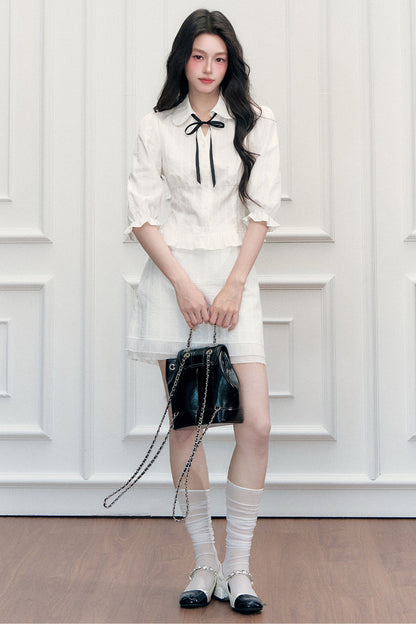 Doll Collar Preppy Blouse and Skirt Set-Up