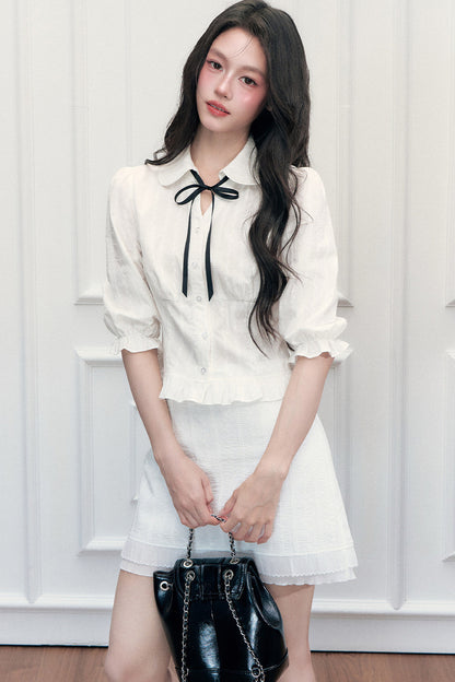 Doll Collar Preppy Blouse and Skirt Set-Up
