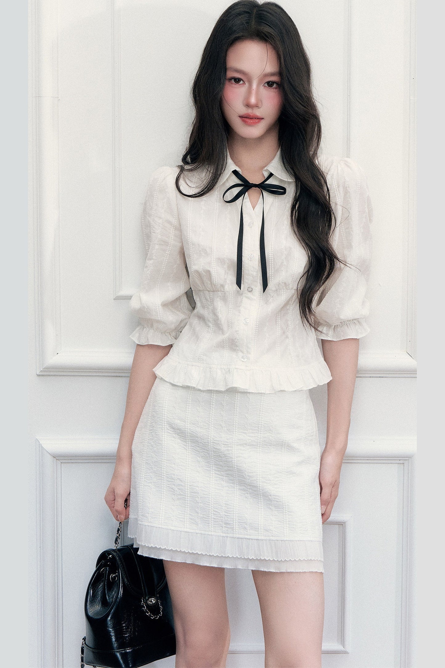 Doll Collar Preppy Blouse and Skirt Set-Up