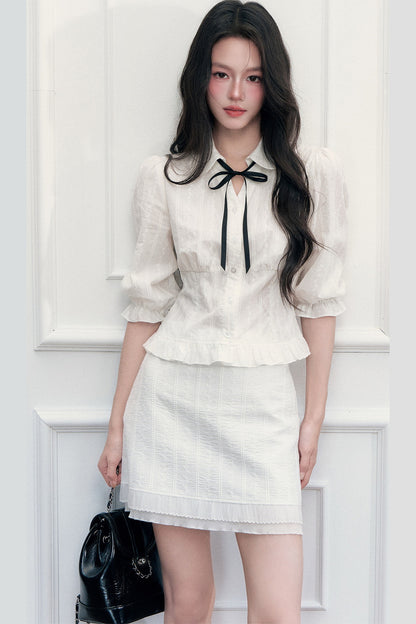Doll Collar Preppy Blouse and Skirt Set-Up