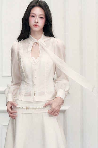 Ribbon Tie Cutout Top and A-Line Short Skirt Set-Up