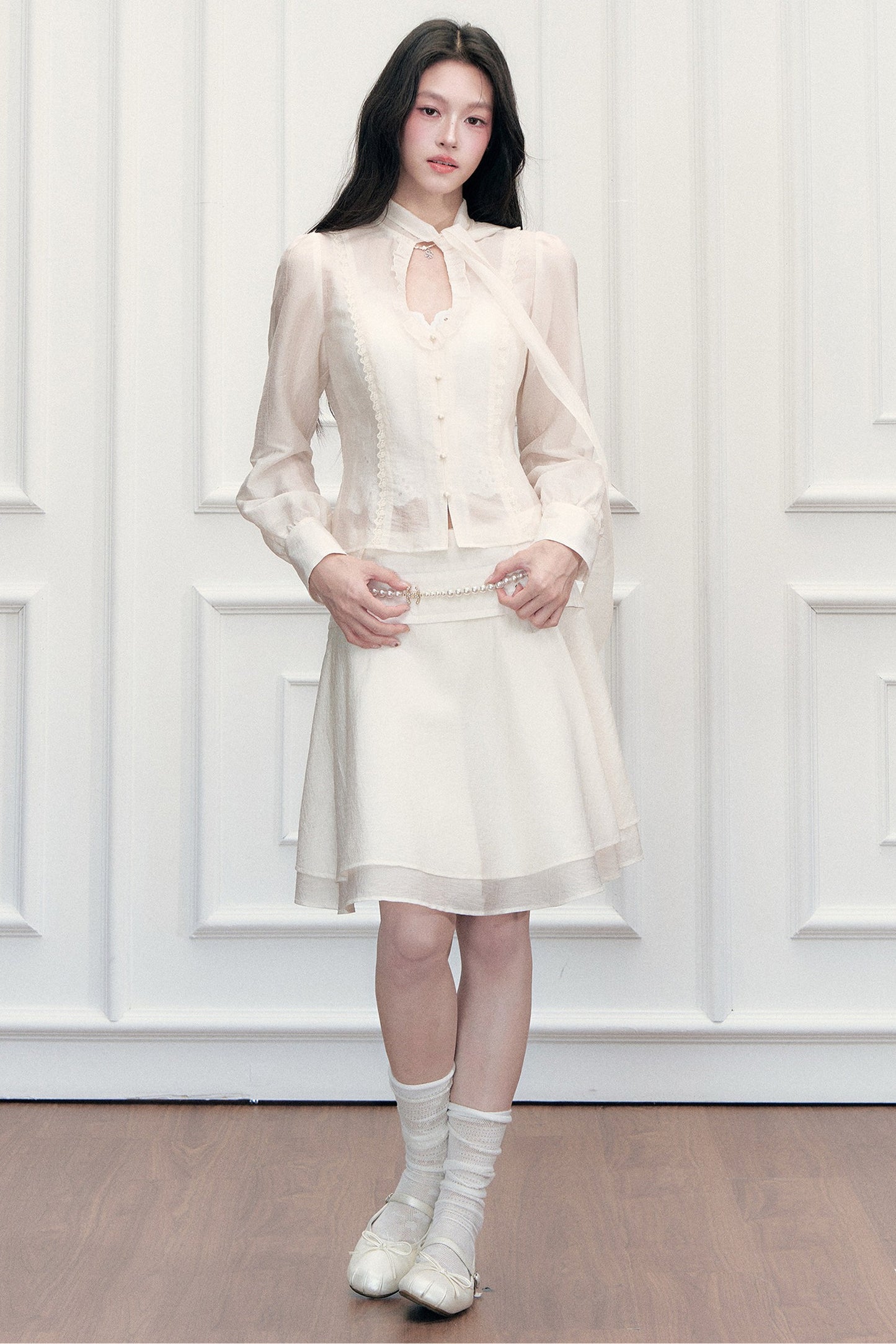 Ribbon Tie Cutout Top and A-Line Short Skirt Set-Up