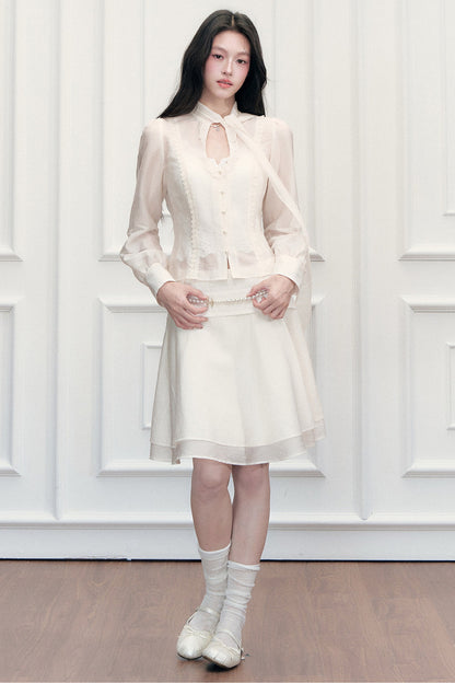 Ribbon Tie Cutout Top and A-Line Short Skirt Set-Up