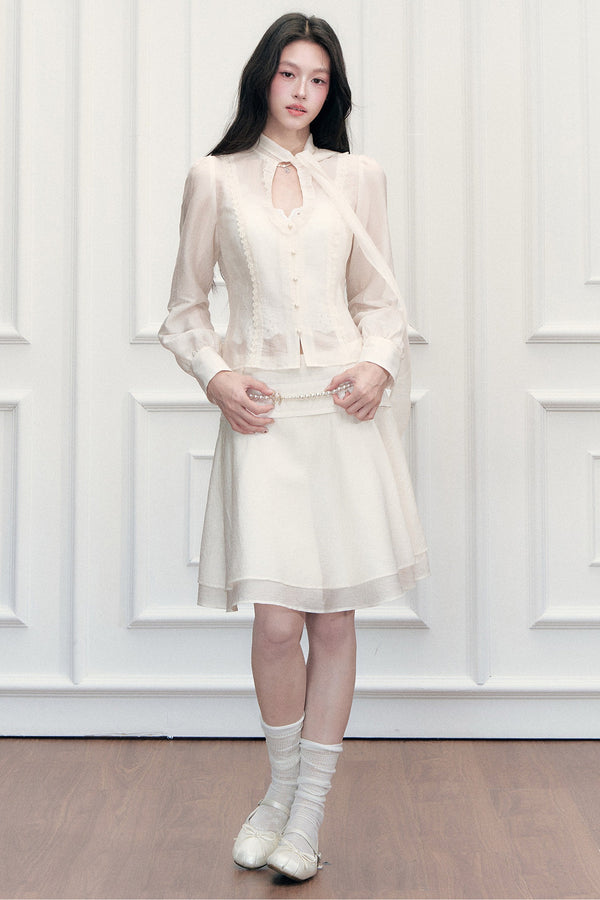 Ribbon Tie Cutout Top and A-Line Short Skirt Set-Up