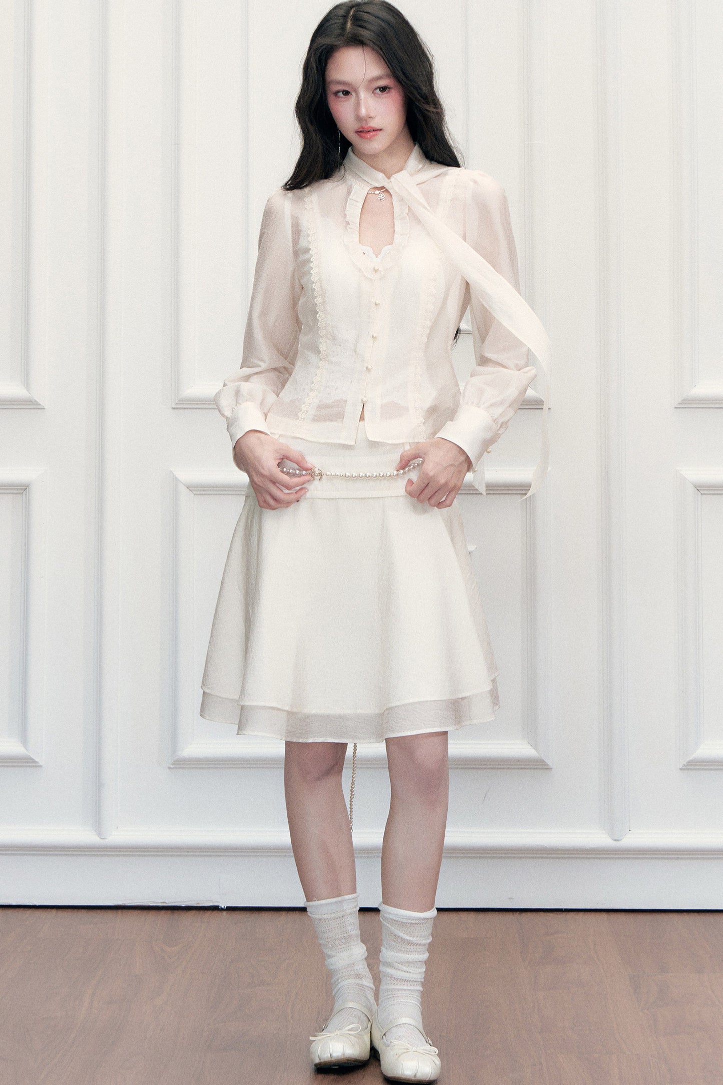 Ribbon Tie Cutout Top and A-Line Short Skirt Set-Up