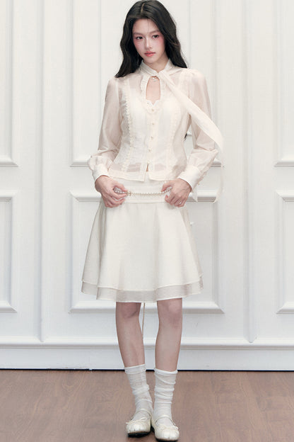 Ribbon Tie Cutout Top and A-Line Short Skirt Set-Up
