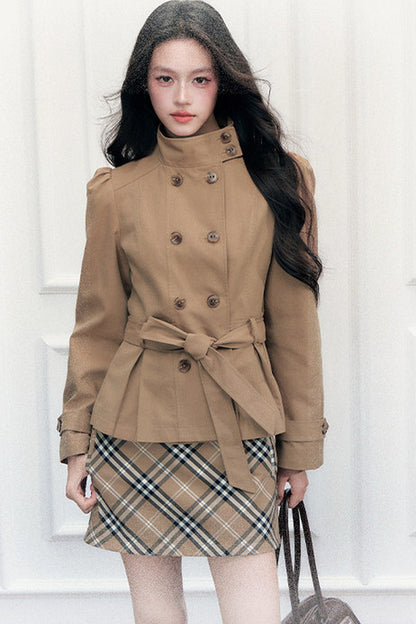 Retro Double-Breasted Trench Coat and Skirt Set-Up