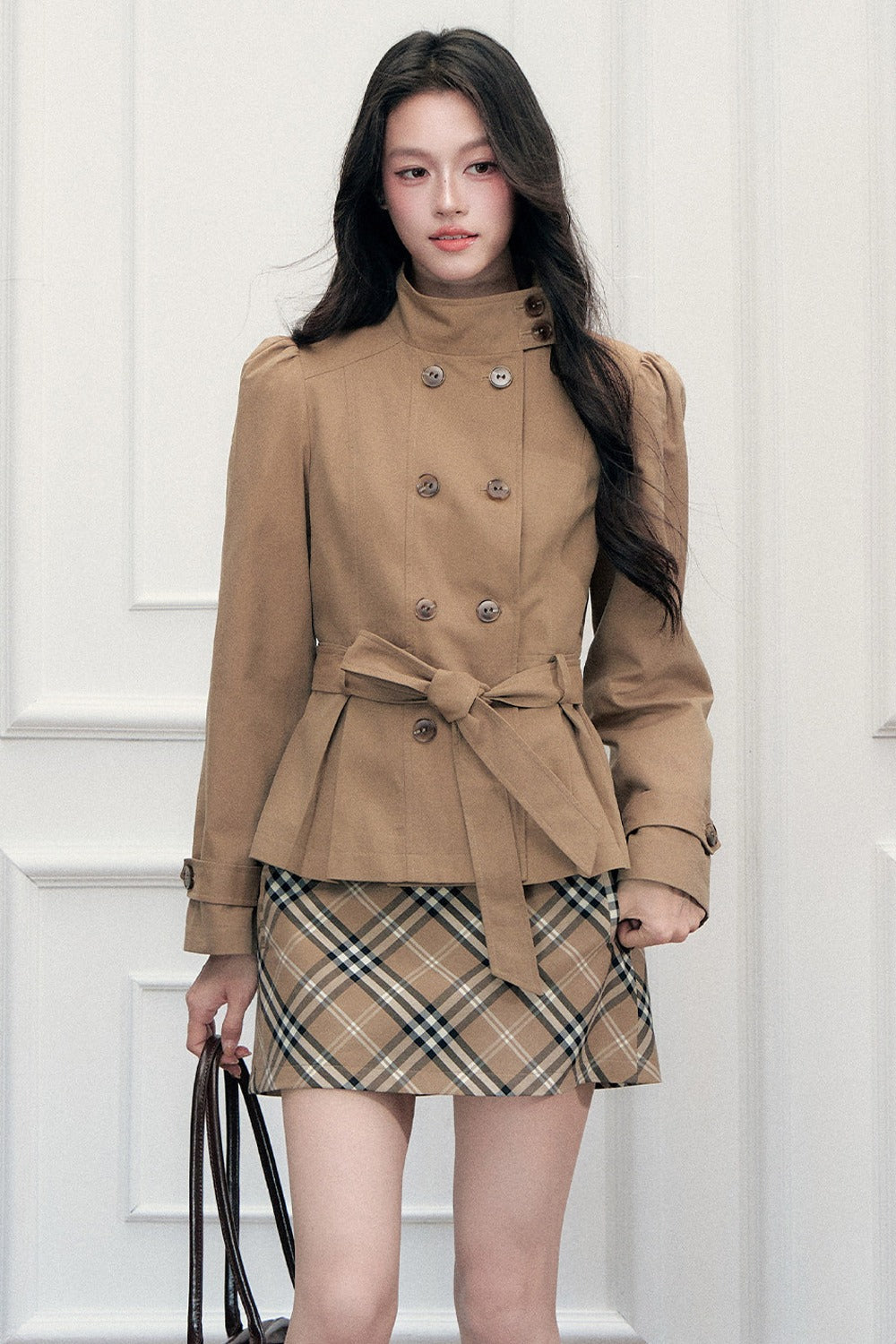 Retro Double-Breasted Trench Coat and Skirt Set-Up