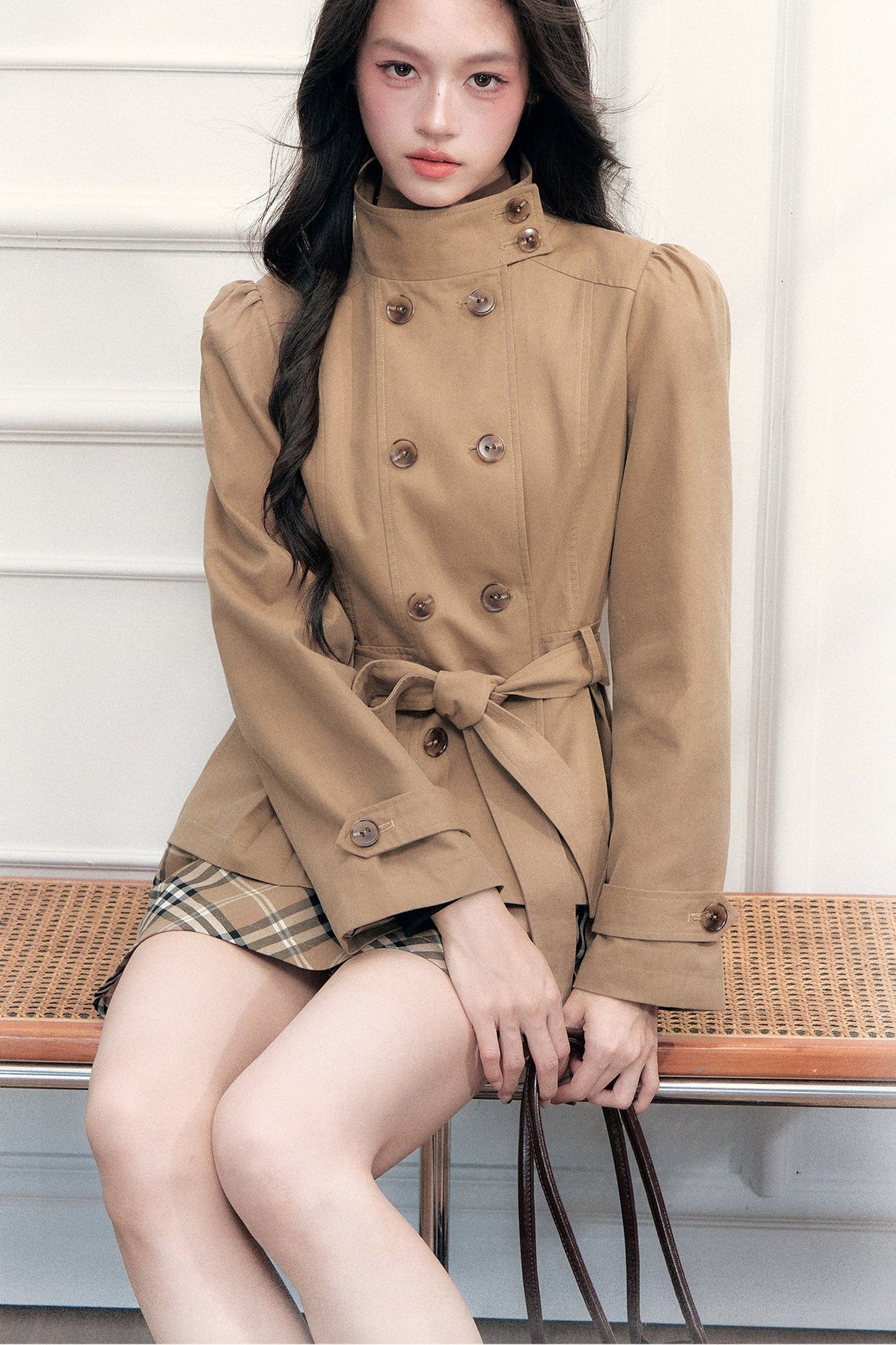 Retro Double-Breasted Trench Coat and Skirt Set-Up