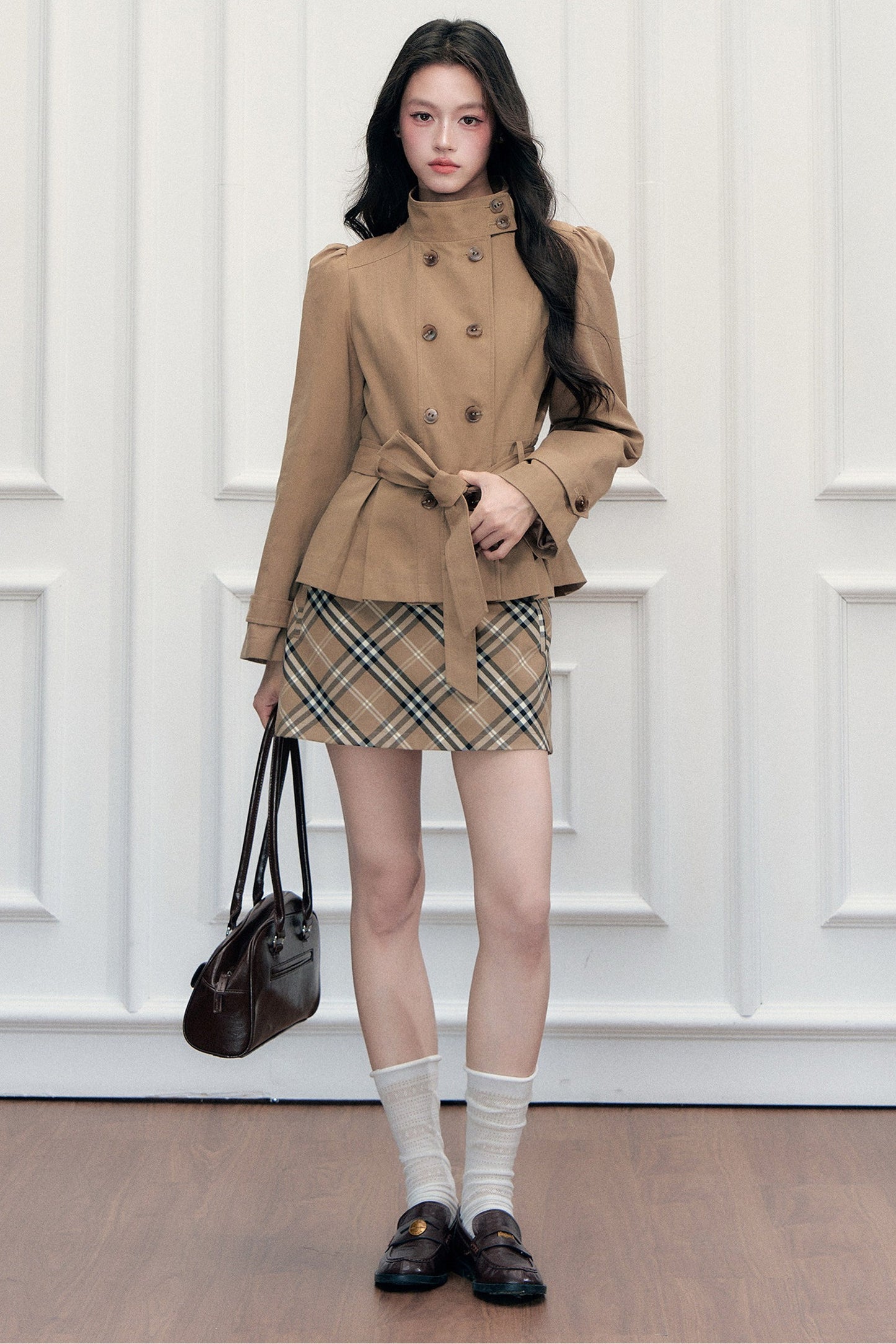 Retro Double-Breasted Trench Coat and Skirt Set-Up