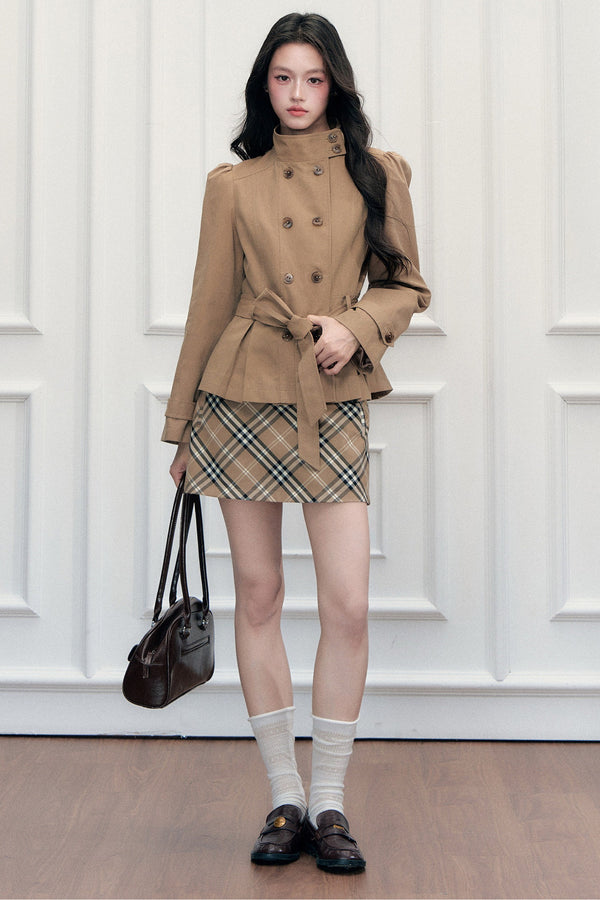 Retro Double-Breasted Trench Coat and Skirt Set-Up