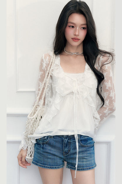 White Floral Lace Cardigan Camisole Set-Up